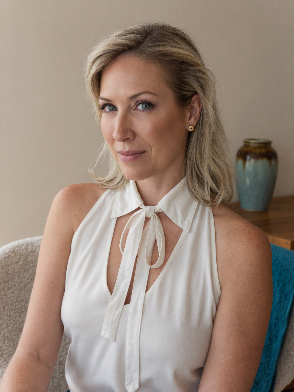 Editorial portrait of Naomi Zee, Leadership Architect — half-light magazine cover composition, looking directly at camera