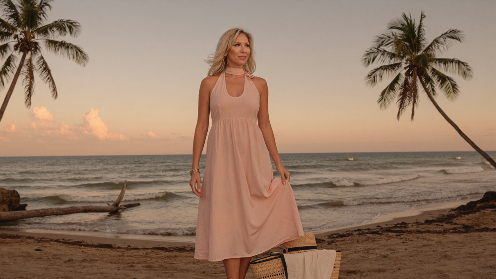 Naomi Zee standing barefoot at the water's edge on a tropical beach at golden hour, wearing a soft blush pink halter sundress — her leadership retreat setting.