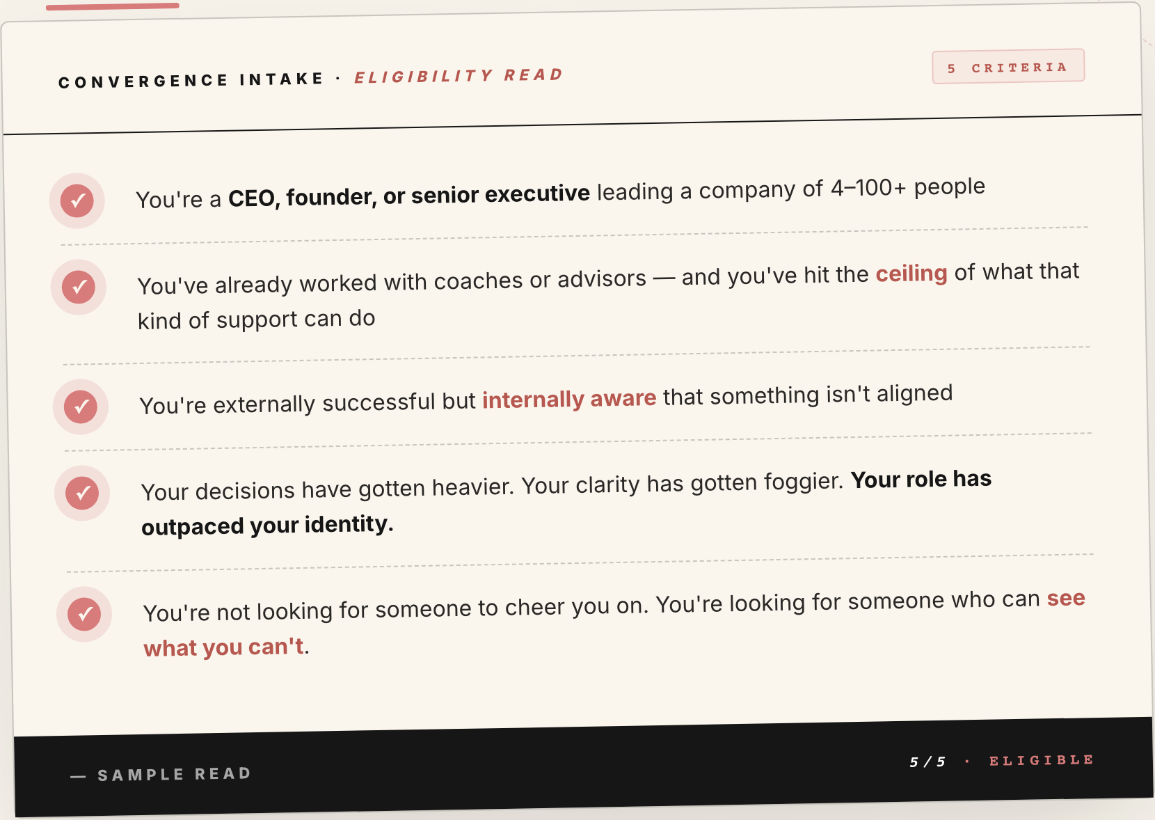 Naomi's Convergence Intake — 5-criteria eligibility read for CEOs leading 4-100+ people