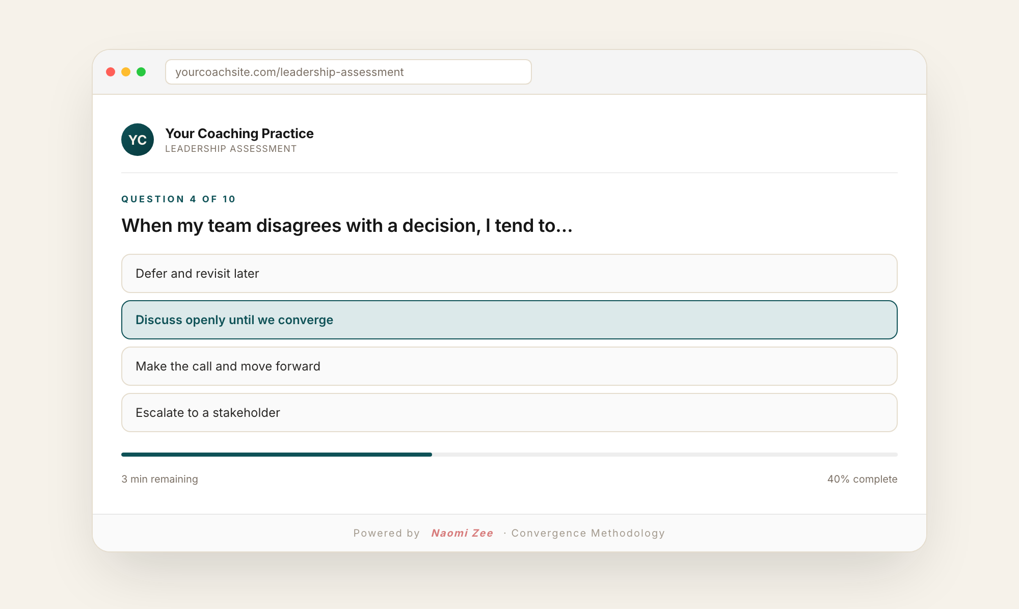 Branded Widget Mockup Example of the Convergence Score™ quiz embedded as a branded widget on a coach's website